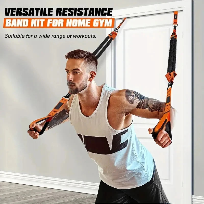 Home fitness equipment. A resistance band used for downward pressure and other exercises to shape your triceps, latissimus dorsi
