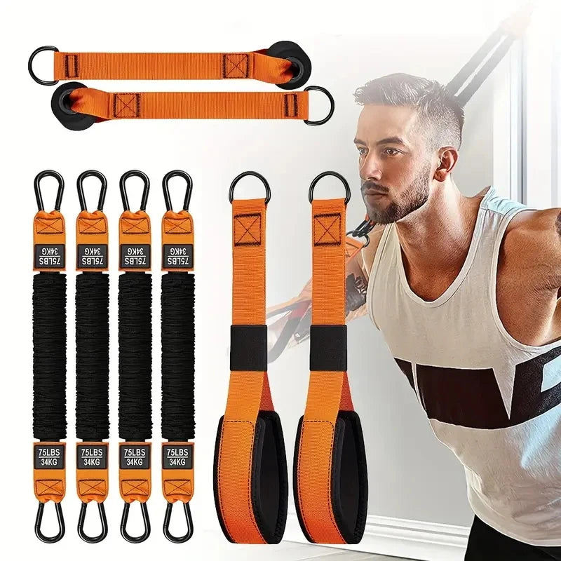 Home fitness equipment. A resistance band used for downward pressure and other exercises to shape your triceps, latissimus dorsi