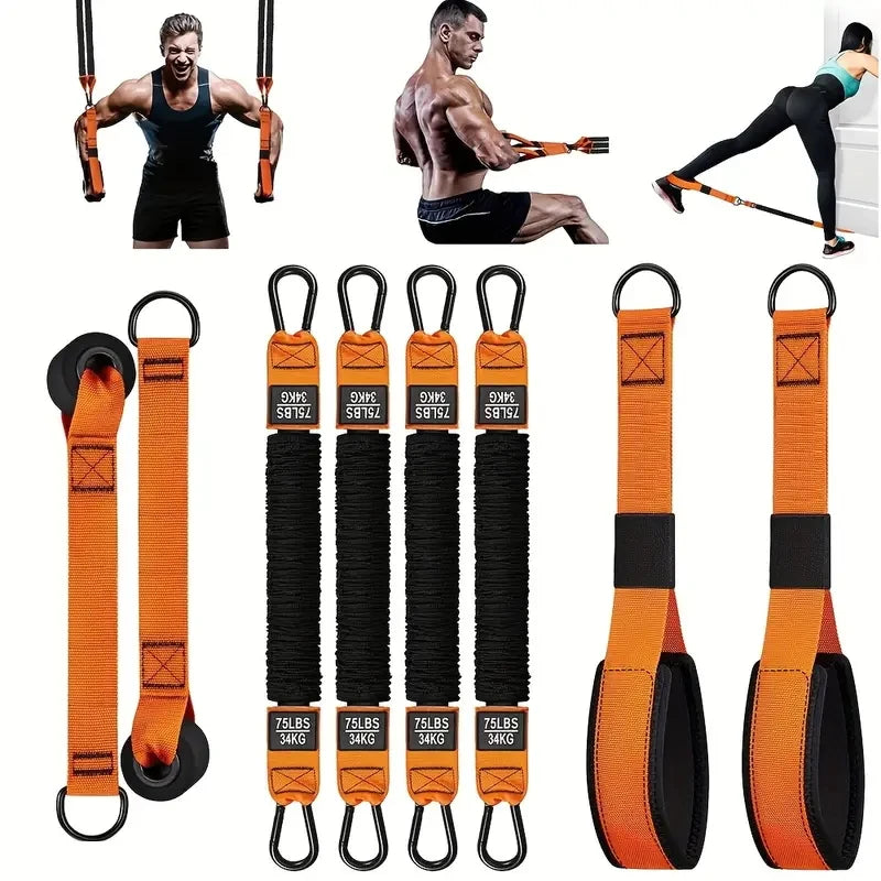 Home fitness equipment. A resistance band used for downward pressure and other exercises to shape your triceps, latissimus dorsi