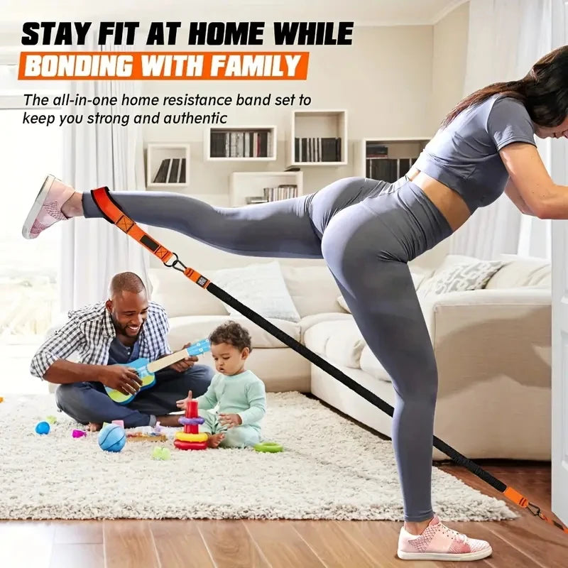 Home fitness equipment. A resistance band used for downward pressure and other exercises to shape your triceps, latissimus dorsi