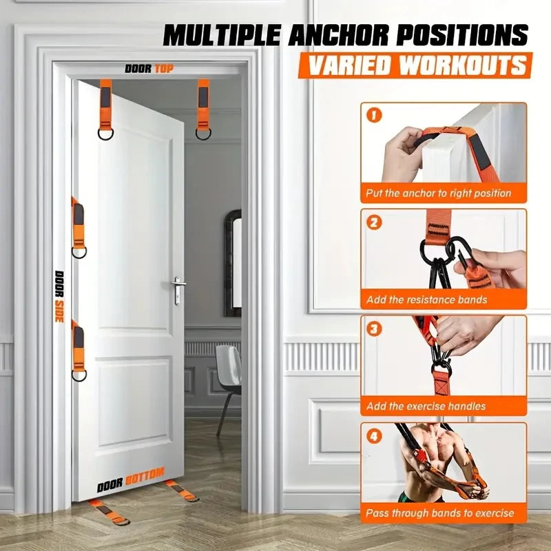 Home fitness equipment. A resistance band used for downward pressure and other exercises to shape your triceps, latissimus dorsi