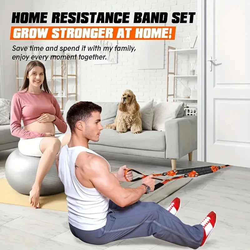 Home fitness equipment. A resistance band used for downward pressure and other exercises to shape your triceps, latissimus dorsi