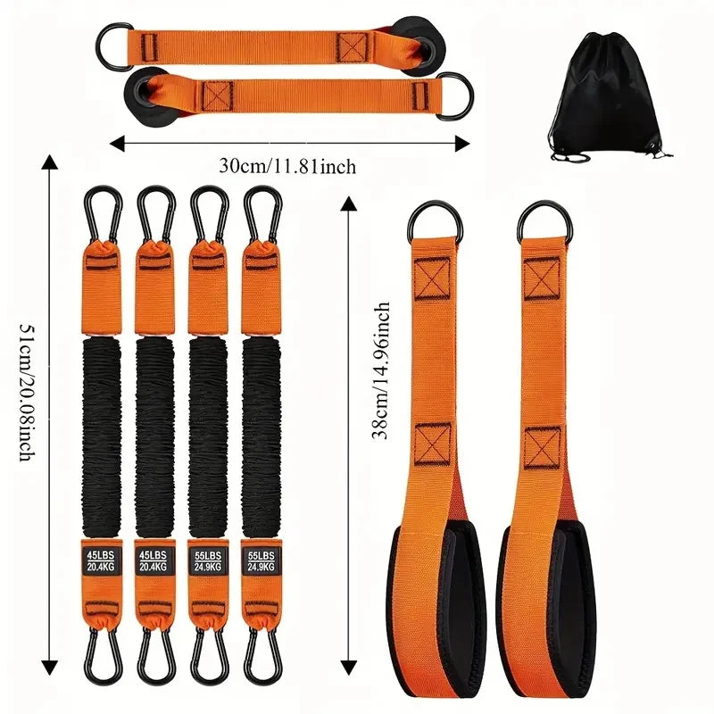 Home fitness equipment. A resistance band used for downward pressure and other exercises to shape your triceps, latissimus dorsi